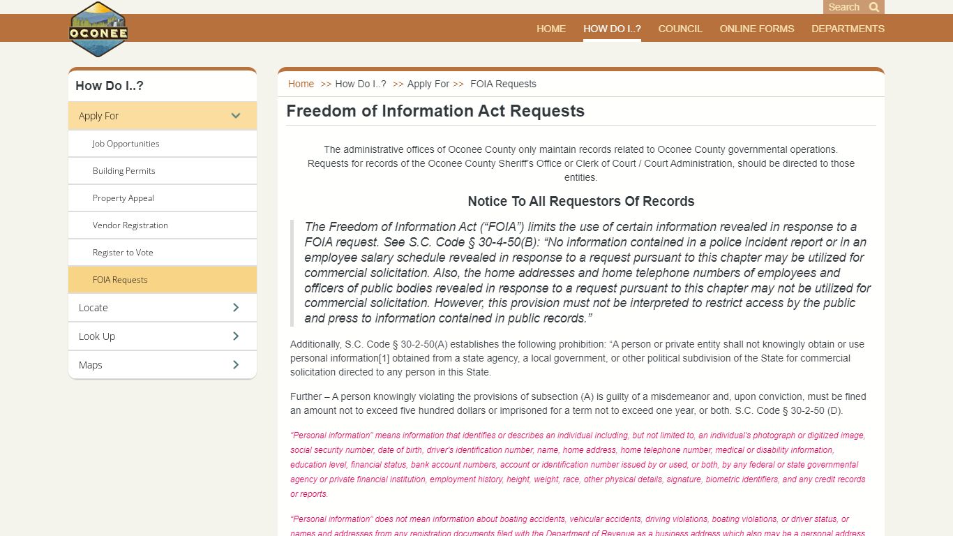 FOIA Requests - Oconee County, SC